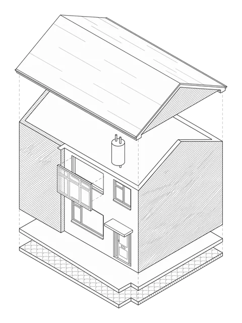 A semi-detached house drawn exploded, floor by floor