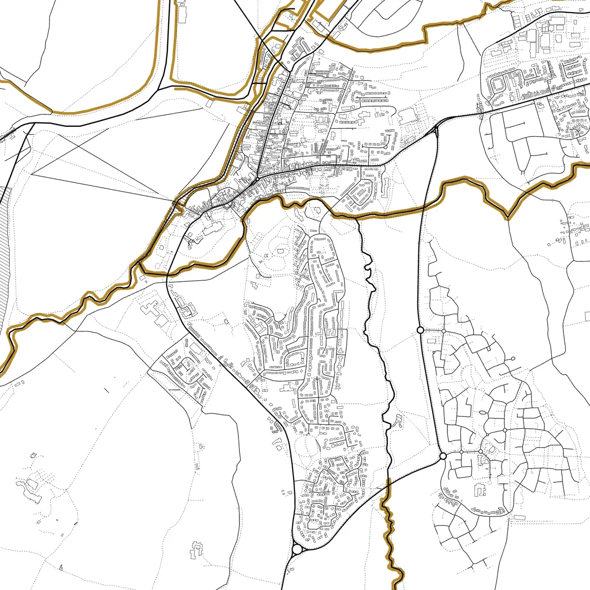 Flood defences around Tewkesbury, in gold over the town's streets