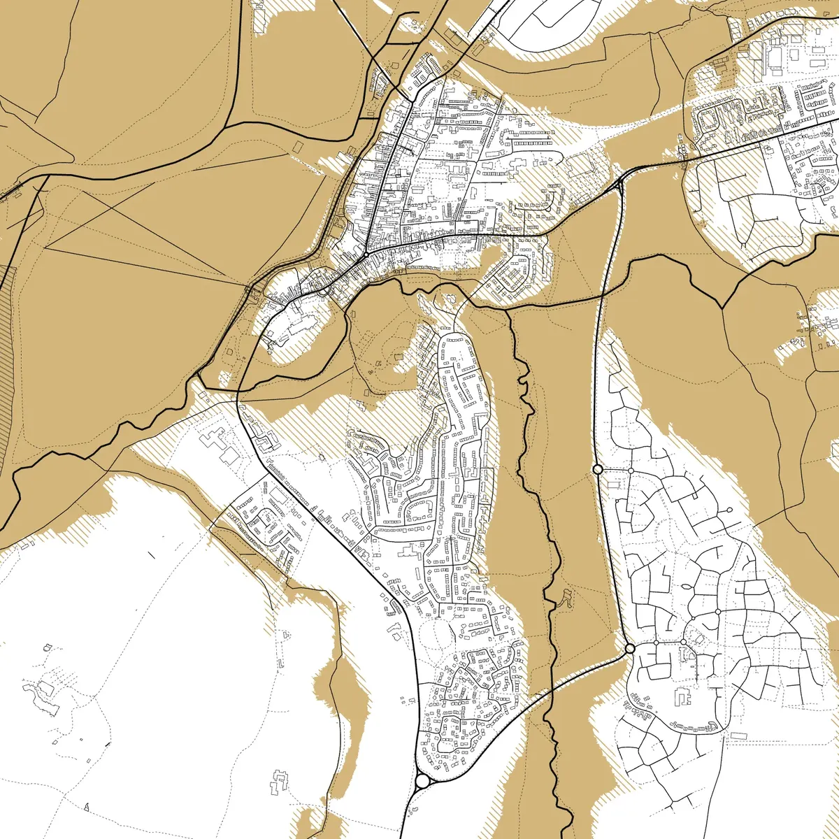Flood zones 2 and 3 around Tewkesbury, in gold over the town's streets